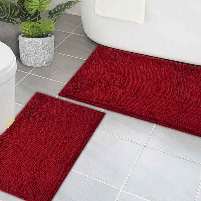 Bathroom Rugs Chenille Bath mat 2 Piece Set, Super Absorbent, PVC Non Slip Backing, Bath mats for Bathroom, Plush Shaggy, Thick, Machine Washable, Bathtub, Shower, Toilet.(Burgundy)