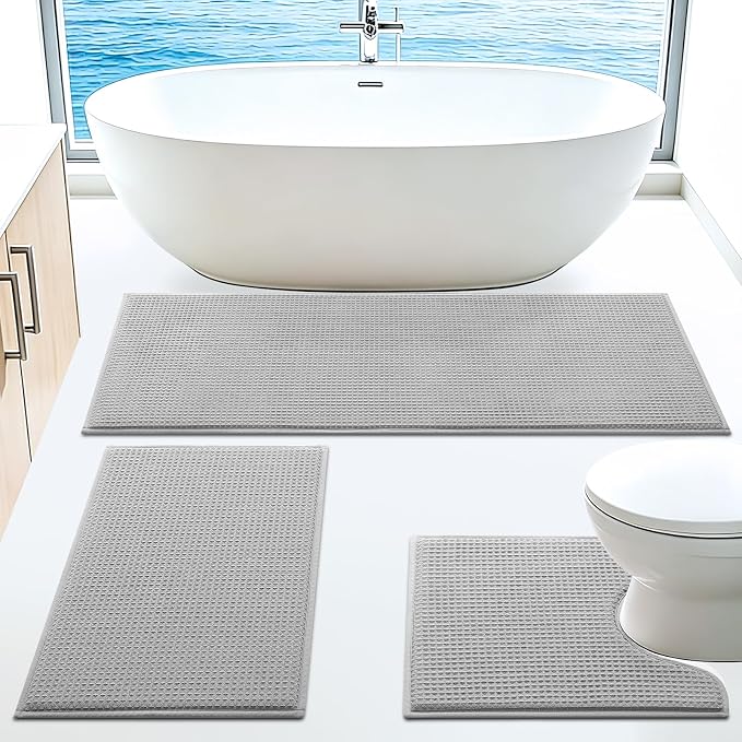 Memory Foam Bath Mat Set 3 Piece, Ultra Soft Absorbent Waffle Bathroom Rugs, Super Non-Slip PVC Backing Bath Rug Quick Dry, Machine Washable Rug for Tub, Shower, Home Decor Accessory, Light Gray