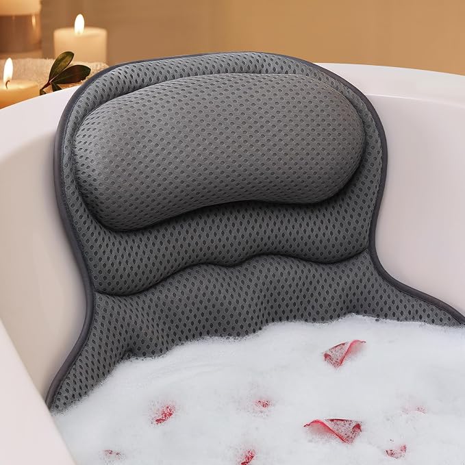Bath Pillows for Tub, Luxury Bathtub Pillow for Head and Neck Support, Gray | Soft 4D Mesh, Padded Headrest, 6 Non-slip Suction Cups, Quick-drying, Machine Washable, Wash Bag Included, Bath Accessories