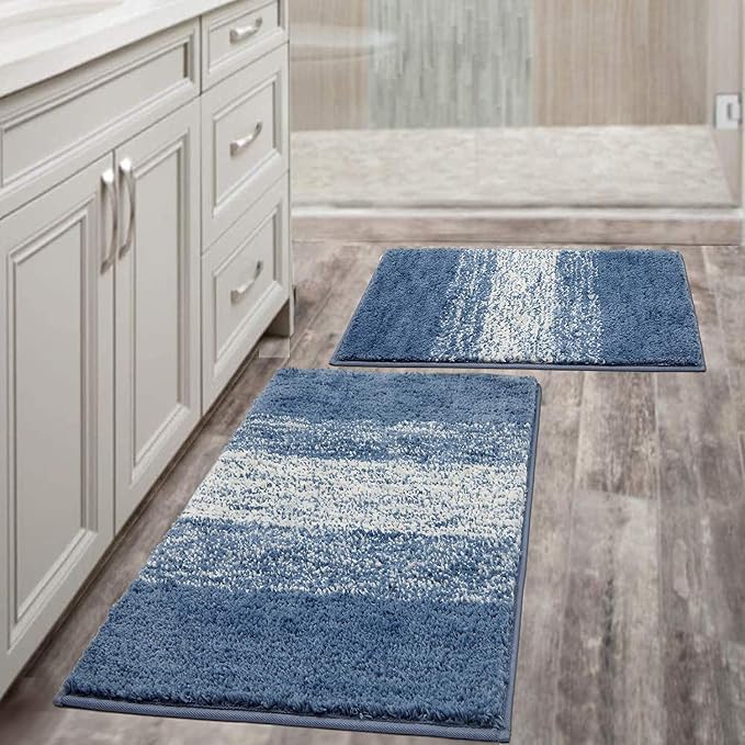 Vaukki Luxury Soft Bathroom Rugs Set of 2, Blue Non Slip Bath Floor Mat | Microfiber Shaggy Plush Absorbent Striped Washable Bath Carpet for Tub, Bathroom and Shower, 18''x26''+20''x32''