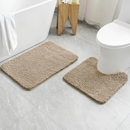 MIULEE Tan Bathroom Rugs Set 2 Piece Soft Bath Mats 20x20+20x32 Inch | Absorbent Microfiber Bath Mat and U-Shaped Toilet Rug, Non Slip, Quick Dry, for Bathroom Floor Tub Showers, Machine Washable