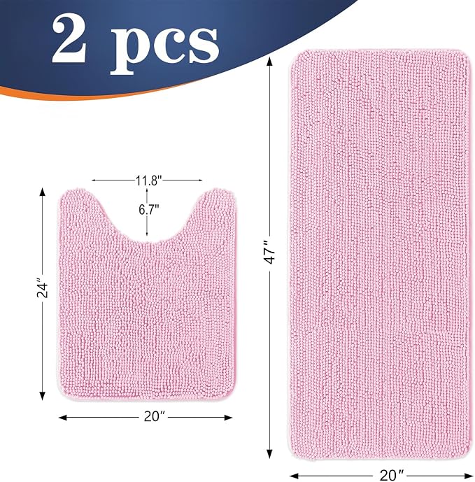 OLANLY Chenille Bathroom Rugs Mats Sets 2 Piece, 47"x20"+24"x20", Pink | Soft Absorbent Bath Mat and U-Shaped Contour Toilet Rug Set, Quick Dry, Machine Washable Bath Carpet, Home Decor Accessories