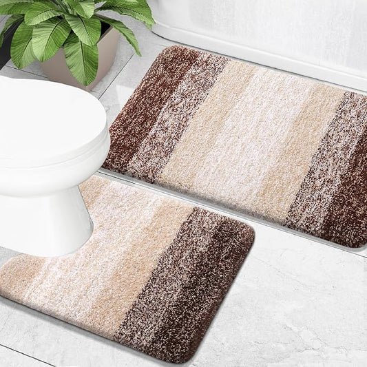 OLANLY Micorfiber Bathroom Rug Set 2 Piece, 24"x16"+U-Shaped 24"x20" | Brown, Soft Absorbent Bath Mats and Contour Toilet Rug, Non-Slip, Machine Wash Dry, Plush Shaggy Bath Mats for Bathroom