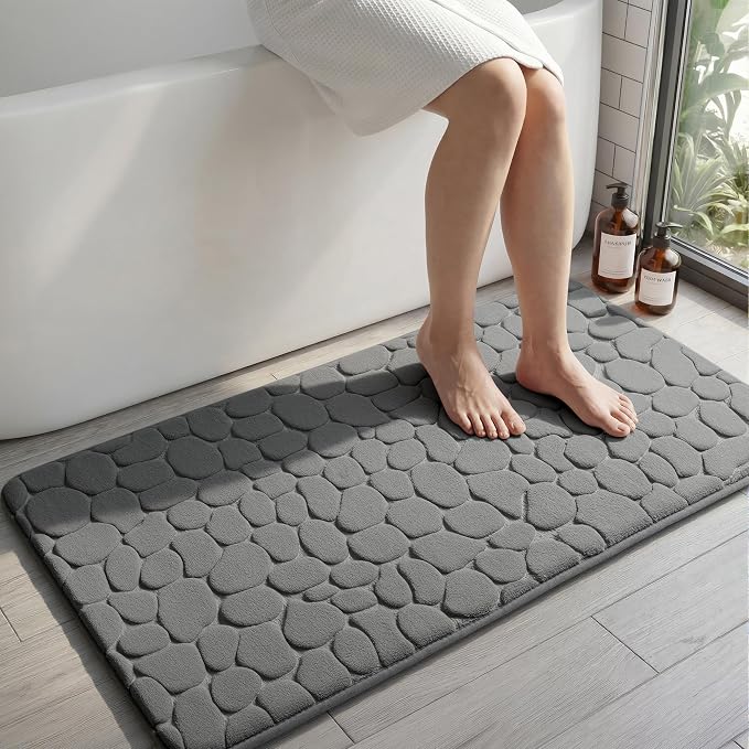 YIHOUSE Memory Foam Runner Rug, Cobblestone Bathroom Runner Rugs Super Water Absorbent Bath Mats for Bathroom Machine Washable Bath Rugs for Hallway Bedroom Laundry Room(26 x 50,Dark Gray)