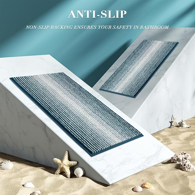 Bathroom Rugs Sets 2 Piece, Non Slip Striped Bath Mats, Teal | 24"x70" Plus 20"x32", Soft Absorbent Chenille, Quick Dry Machine Washable, Shower Rug for Bathroom Floor, Tub, Bedroom Decor