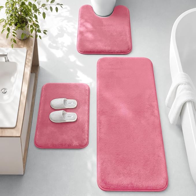 HUXMEYSON 3-Piece Memory Foam Bathroom Rug Set, Pink | Quick Dry Velvet Surface, Non-Slip & PVC Backing, Ultra Soft Bath Rugs for Bathroom, 17"x24"+20"x48"+U Shape 20"x24"