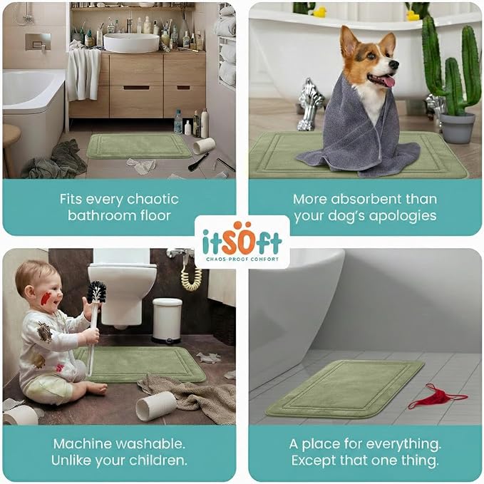 ITSOFT Memory Foam Bath Mat 24x16, Non Slip, Machine Washable, Quick Dry & Absorbent Rugs, Bath Mats for Bathroom Floor, Tub & Shower, Bathroom Rug, Sage Green