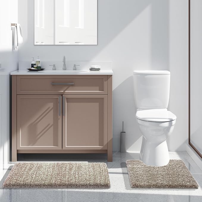 Yimobra Fluffy Bathroom Toilet Rug Set, 32x20+24x20, Light Brown and White | Soft Absorbent Microfiber Bath Mat Set, Non Slip, Machine Washable Quick Dry, Plush Shaggy Shower Rugs for Bathroom Floor