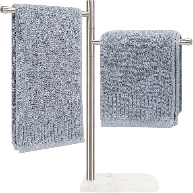Standing Hand Towel Holder, Hand Towel Stand with Marble Base, 304 Stainless Steel Towel Rack with 2 Swivel Arm, Countertop Stand Towel Ring Towel Bar for Bathroom (Brushed Nickel)