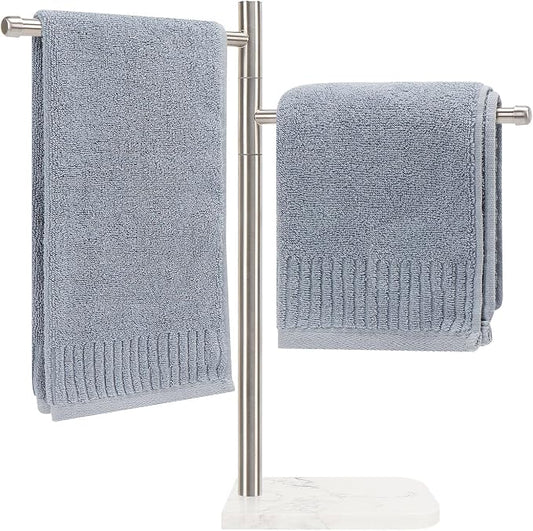 Standing Hand Towel Holder, Hand Towel Stand with Marble Base, 304 Stainless Steel Towel Rack with 2 Swivel Arm, Countertop Stand Towel Ring Towel Bar for Bathroom (Brushed Nickel)