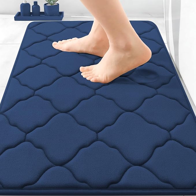OLANLY Memory Foam Bath Mat Rug 30x20, Ultra Soft and Absorbent Bathroom Rugs, Non-Slip, Comfortable, Machine Washable Bath Carpet for Bathroom Floor, Tub, Shower and Home Decor Accessories, Navy | Thick Absorbent Carpet, Non-Slip Backing, Machine Wash...