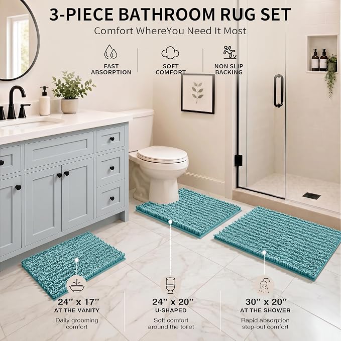 Yimobra Bathroom Rug Set 3 Piece, Super Absorbent Bath Mat Set, Teal Blue | Quick Dry Soft Chenille Bath Rugs & Toilet Rug, Non Slip Machine Washable, Extra Thick Shaggy Floor Mat for Shower Tub Sink