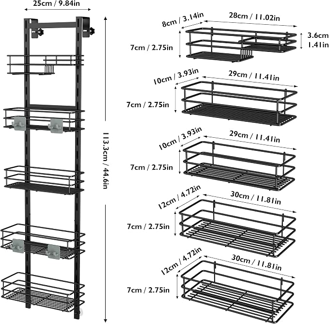 Orimade Over the Door Shower Caddy Adjustable 5 Tier Black,Bathroom Hanging Organizer Shelf Rustproof with 4 Hooks,Shower Basket with Soap Holder and Suction Cup
