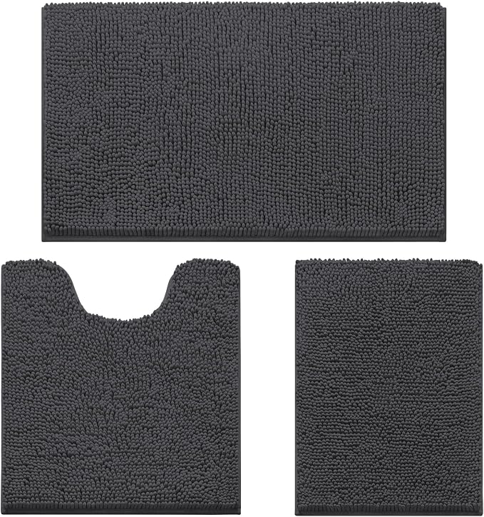 HOMEIDEAS Dark Grey Chenille Bathroom Rugs Set of 3, Non Slip Bath Mat | Super Absorbent, Soft Microfiber, Machine Washable, Stain Resistant, for Bathroom Decor