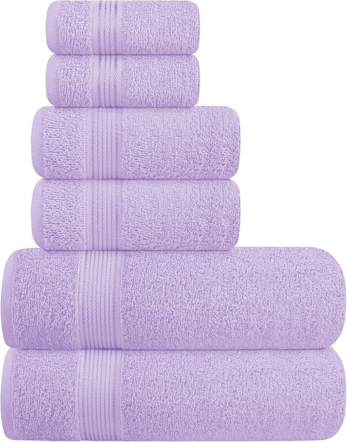 Ultra Soft 6 Pack Cotton Towel Set, Contains 2 Bath Towels 28x55 inch, 2 Hand Towels 16x24 inch & 2 Wash Coths 12x12 inch, Ideal for Everyday use, Compact & Lightweight - Dark Purple