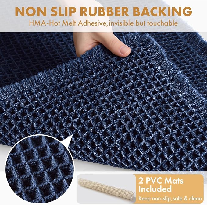 MIULEE Set of 2 Waffle Bathroom Rugs Navy Blue Bath Mat 17"x24"+18"x30" | Non Slip, Super Absorbent, Washable, Ultra Soft, Rubber Backed, Small Boho Bath Rugs for Bathroom Floor Tub Shower
