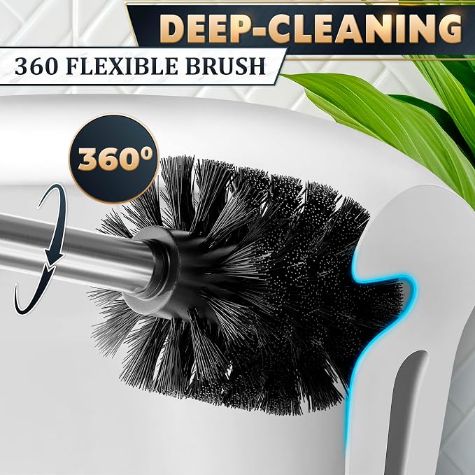 Stainless Steel Toilet Brush and Holder Set - Free-Standing Toilet Bowl Brush and Holder with Removable Inner Bowl, Splash Cover, Sturdy Bristles, Corrosion & Scratch Resistant - Modern Toilet Design