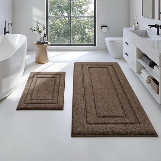 HOMEIDEAS Bathroom Rugs Sets 2 Piece, Soft Extra Long Bath Mat Brown | Super Soft and Absorbent Non Slip Microfiber Bath Rug，Machine Washable, for Bathroom, 20" x 47" + 16" x 24"