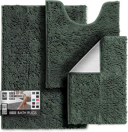 Hearth & Harbor Bathroom Rugs, Chenille Bath Mat - Machine Washable Bath Mats for Bathroom Non-Slip Backing Rubber, Quick Dry Mat - Hunter Green Bath Rug, 17x24-26x44-20x24