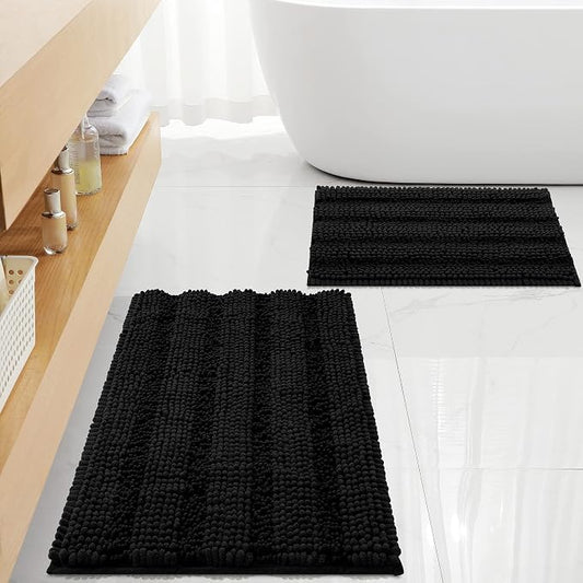 FLOLEOPA Non Slip Thick Shaggy Chenille Black Bathroom Rug Sets 2 Piece, Thickened Hot Melt Rubber Bottom Bath Mats for Bathroom,Bath Rugs Quick Dry Machine Washable for Shower Mat (32"x20"+17"x24")