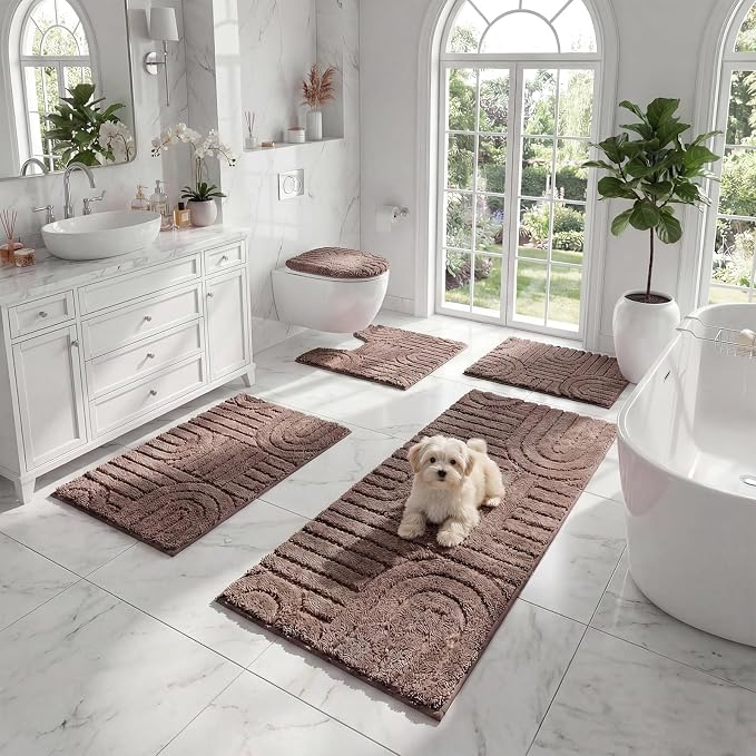 Homcomoda Bathroom Rugs Sets 5 Piece, Ultra Absorbent Bath Mat - Non-Slip Machine Washable Bath Rug Set with Bathroom Runner Rug, U-Shaped Toilet Rugs, Shower Rug & Toilet Lid Cover, Coffee