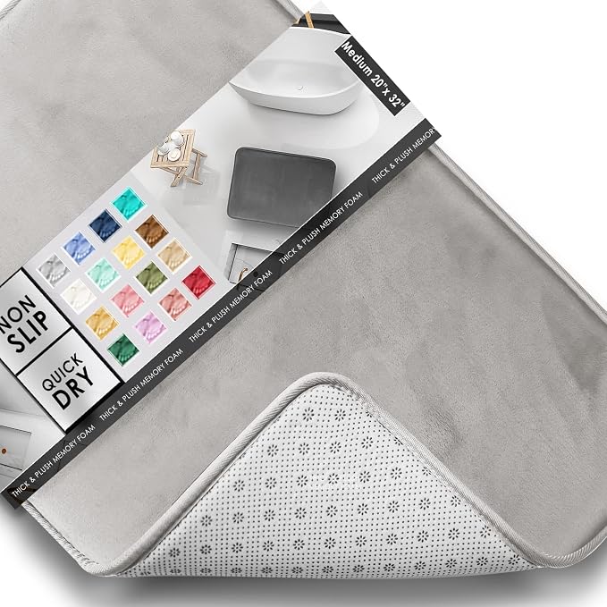 Clara Clark Bathroom Rugs, Velvet Memory Foam Bath Mat, Non-Slip, Machine Washable Bath Rugs - Dries Quickly, Ultra Soft Plush Bath Mats for Bathroom, 20 x 32, Silver