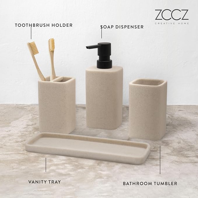 Bathroom Accessory Sets, 4 Pieces Bathroom Accessories Complete Set Vanity Countertop Accessory Set Marble Look, Includes Lotion Dispenser Soap Pump, Tumbler, Toothbrush Holder and Tray (Beige)