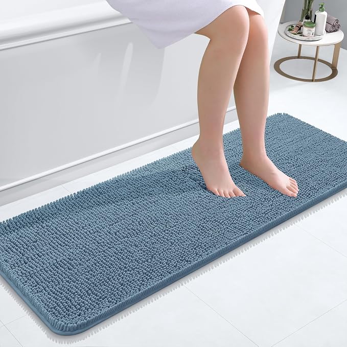 OLANLY Bathroom Runner Rugs 47x17, Extra Soft Absorbent Chenille Bath Rugs | Airy Blue, Quick-Drying Rubber Backing, Washable Long Bath Mat for Bathroom Floor, Tub and Shower, Home Decor Accessories