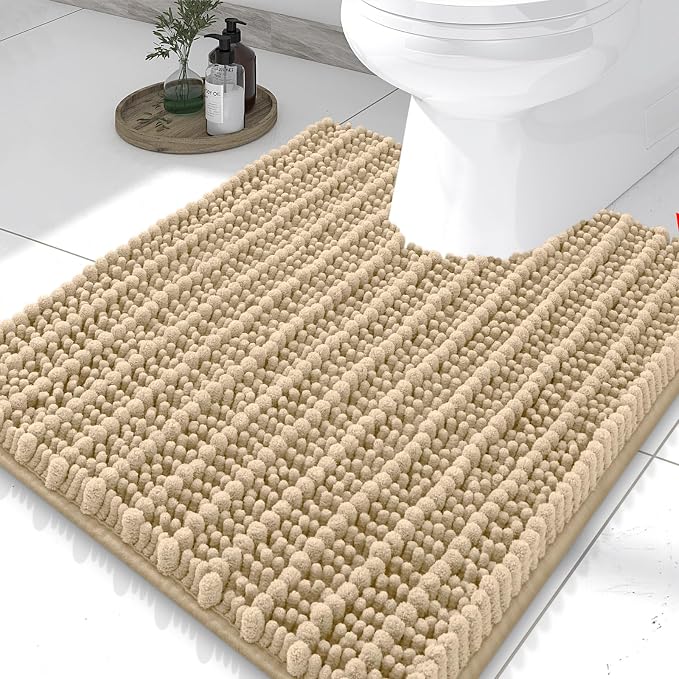 Smiry Bathroom Toilet Rugs U Shaped 24X20, Chenille Bath mats for Toilet | Beige Extra Soft Absorbent Non Slip Rubber Backing Contour Bath Rugs for Toilet, Machine Washable Contoured Bath Mats