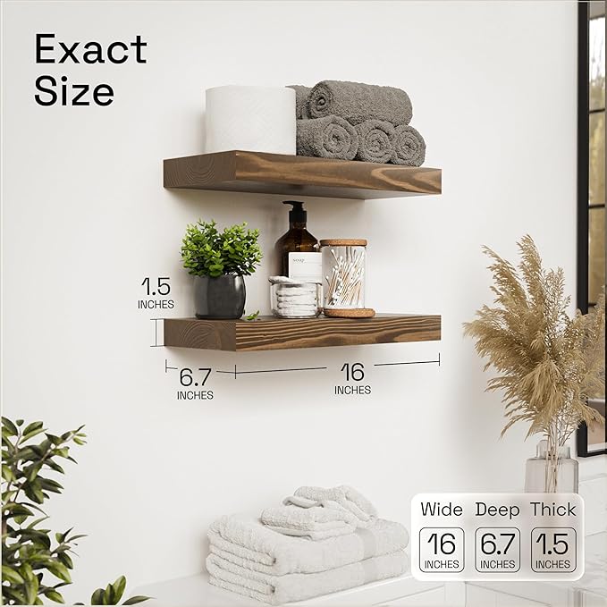 BAOBAB WORKSHOP Wood Floating Shelves for Wall, 16 inch Walnut Floating Shelf for Bathroom, Solid Wooden Wall Shelves for Kitchen Bedroom, Walnut Finish, 16 x 6.7, Set of 2
