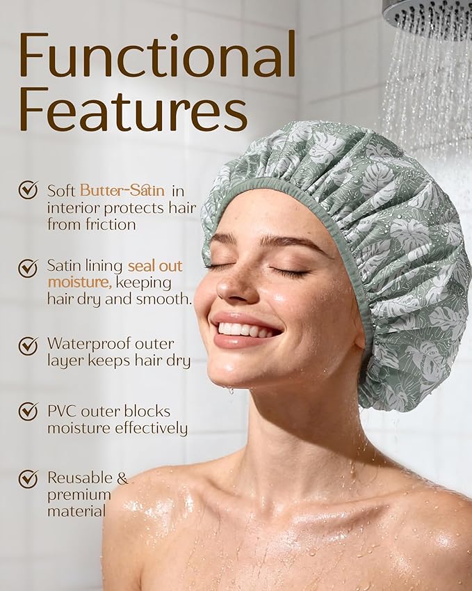 Yanibest Frizz Free Satin Lined Shower Cap with Soft Elastic Band | Frizz Free & Large Durable Bath Cap with Soft Elastic Band, Luxury Hair Protection Caps, Nylon Shower Hair Cap