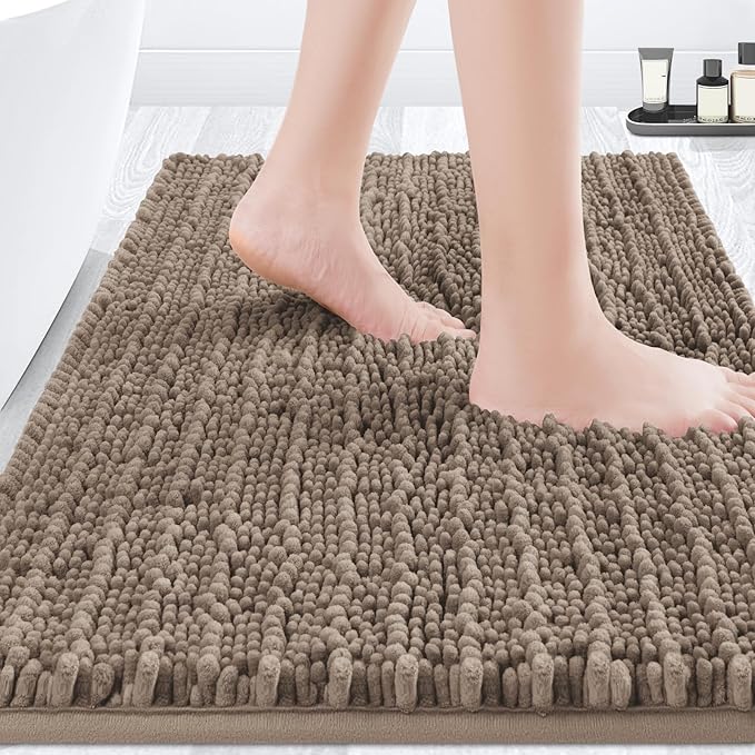 ACCUMTEK Upgrade Luxury Dark Beige Bathroom Rug Mat 36"x24", Ultra Soft Thick Absorbent Bath Mats, Non Slip Chenille Toilet Mat for Bathroom, Bedroom, Kitchen, Shower, Tub, Taupe