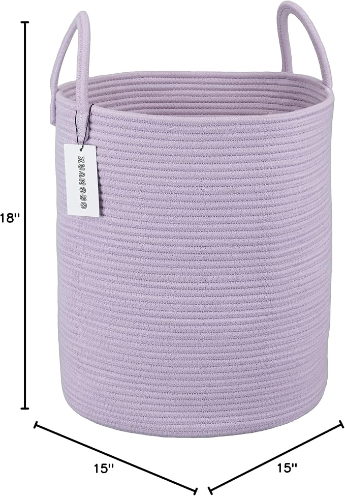XUANGUO Rope Laundry Basket Hamper for Clothes Woven Storage Basket for Living Room Bedroom Boho Tall Rope Baskets for Blanket Toys Pillow Towels Baby Nursery Hamper Bin Large purple or lavender