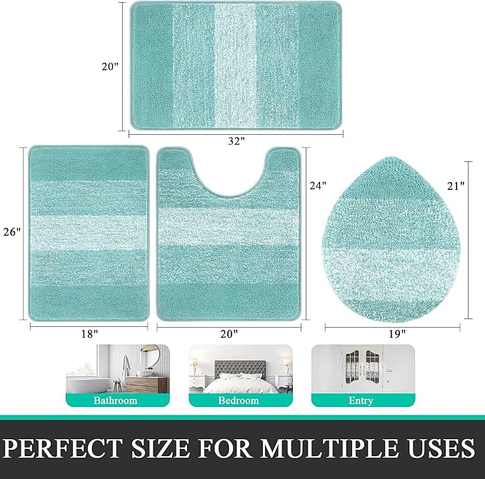 Bsmathom Bathroom Rug Set 4 Piece, Plush Microfiber Bath Mat, Teal | Super Water Absorbent, Non Slip Machine Washable Bath Rug Sets with Toilet Lid Cover and U-shaped Contour Toilet Mat
