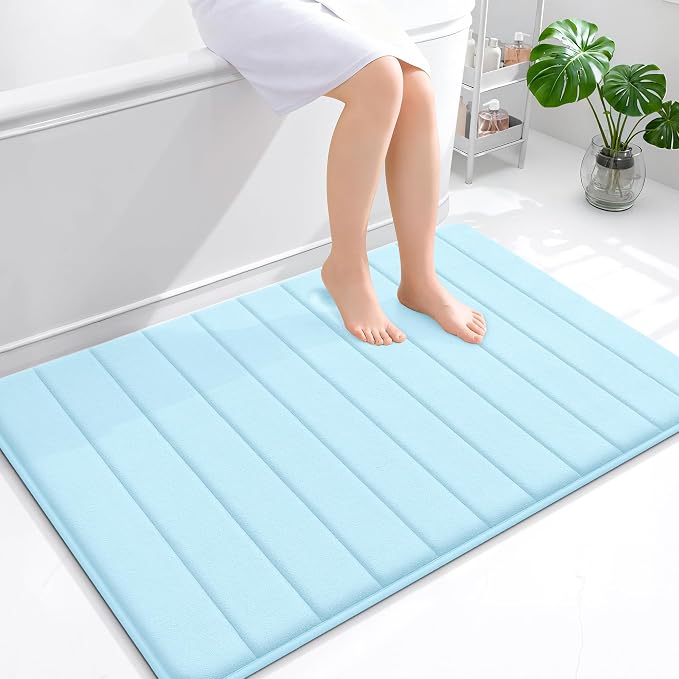 OLANLY Memory Foam Large Bath Mat 44x32, Super Soft Absorbent Bathroom Rugs | Sky Blue, Quick Dry Bath Rug, Machine Washable Shower Floor Mats, Bathmat Carpet for Bathroom Floor, Tub and Shower