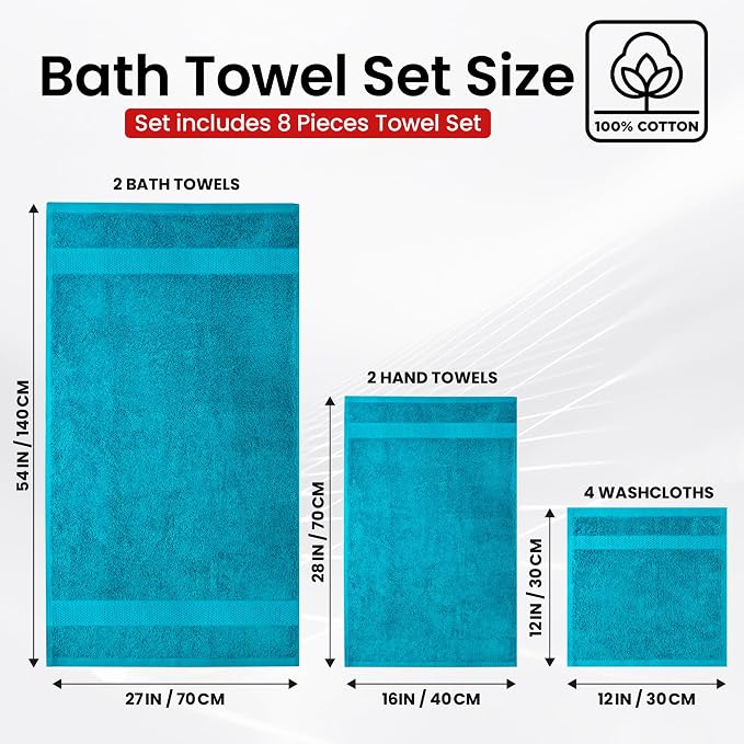 Infinitee Xclusives 100% Cotton Bath Towel Set – 8 Piece Bathroom Towel Set | (2 Bath Towels, 2 Hand Towels, 4 Washcloths) – Soft & Absorbent Towels for Bathroom - Gym, Shower, Spa & Hotel Use
