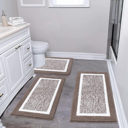 Pauwer 3 Piece Bathroom Rug Set, Non Slip Washable Bath Mat, Coffee | Soft Plush Microfiber, Super Absorbent Floor Carpet, U Shaped Toilet Mats, Quick Dry, Shaggy Shower Rugs Runners