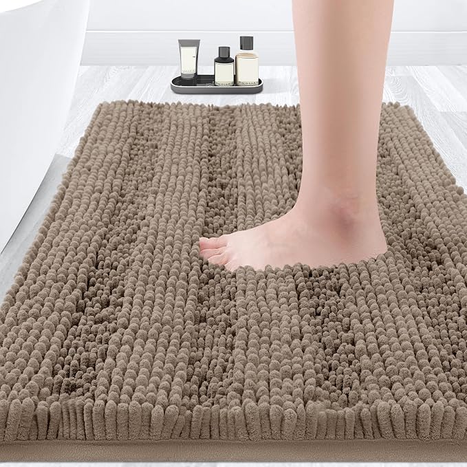 ACCUMTEK Striped Dark Beige Bathroom Rug Mat 32"x20" Ultra Soft, Non Slip Chenille Bath Rugs, Absorbent Plush Shaggy Bath Mats for Bathroom, Bedroom, Kitchen, Shower, Tub,Taupe