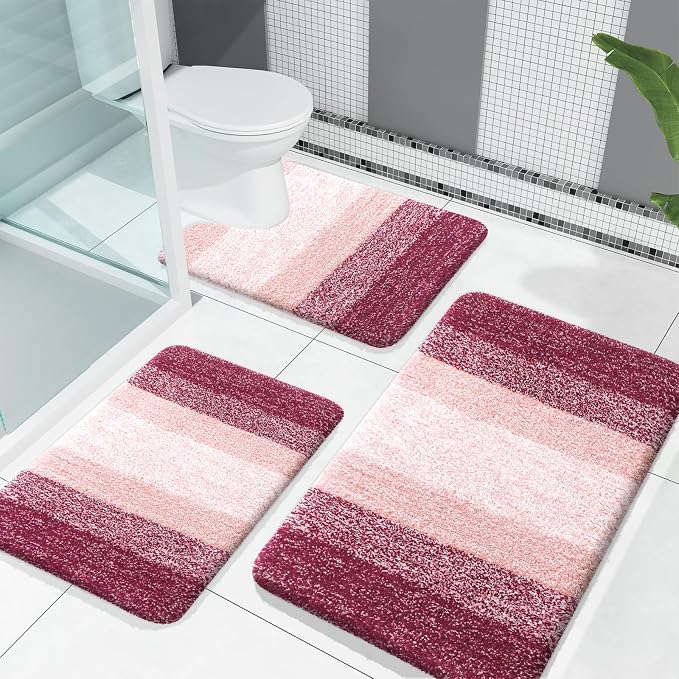 OLANLY Microfiber Bathroom Rugs Sets 3 Piece, 30"x20"+24"x16"+24"x20" | Red, Soft Absorbent Bath Mats and U-Shaped Contour Toilet Rug, Machine Wash Dry, Plush Shaggy Bath Mat Set for Bathroom