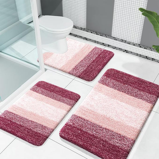 OLANLY Microfiber Bathroom Rugs Sets 3 Piece, 30"x20"+24"x16"+24"x20" | Red, Soft Absorbent Bath Mats and U-Shaped Contour Toilet Rug, Machine Wash Dry, Plush Shaggy Bath Mat Set for Bathroom