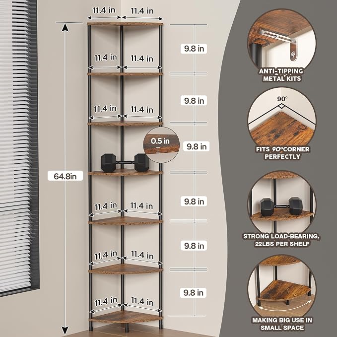 Corner Plant Stand Shelf, 7 Tier Tall Plant Stand for Indoor Plants, Rustic Brown Corner Book Wall Decor Living Room, 64.7" Display Shelf for Bedroom, Bathroom, Small Space
