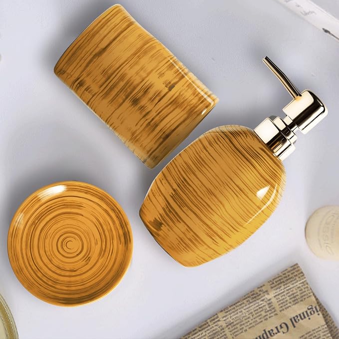 Bathroom Accessories Set, 3 Pcs Marble Look Bath Set Soap Dispenser & Toothbrush Holder Set, Counter Top Restroom Apartment Decor Stuff, Ceramic Kits, Unique Gift, Yellow