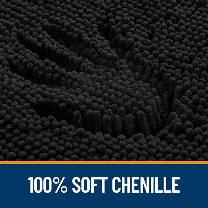 OLANLY Chenille Bathroom Rugs Mats Sets 2 Piece, 47"x20"+24"x20", Black | Soft Absorbent Bath Mat and U-Shaped Contour Toilet Rug Set, Quick Dry, Machine Washable Bath Carpet, Home Decor Accessories