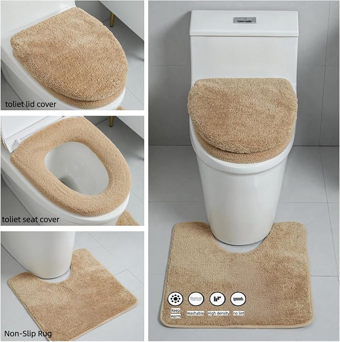 3piece Toilet Seat Cover Set - Toilet Seat Cover +Toilet Lid Cover + toilet rugs u shaped washable, Fits Most Elongated Round and Oblong Toilet(Machine Washable,Quick-Dry) brown