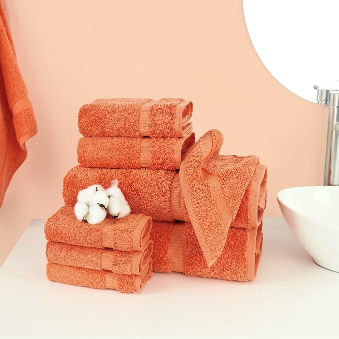 Chakir Turkish Linens 100% Cotton 8-Piece Towel Set, Coral | 100% cotton 8-pc set, OEKO-TEX certified: 2 bath 27x54, 2 hand 16x30, 4 washcloths 13x13