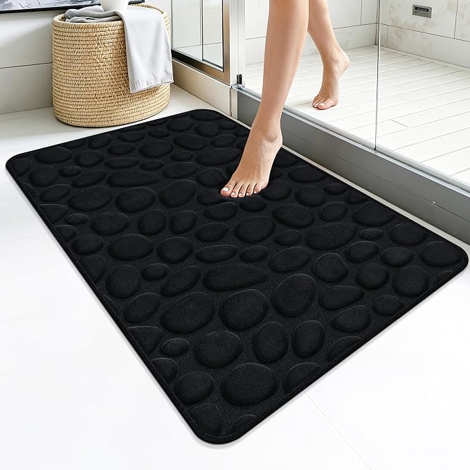 Stone Bath Mats, Non-Slip Memory Foam Bathroom Rug, 24x36 Black | TPR Rubber Backing,Ultra Soft,Highly Absorbent,Machine Washable,Quick Dry for Tub and Shower, Home Decor Accessories