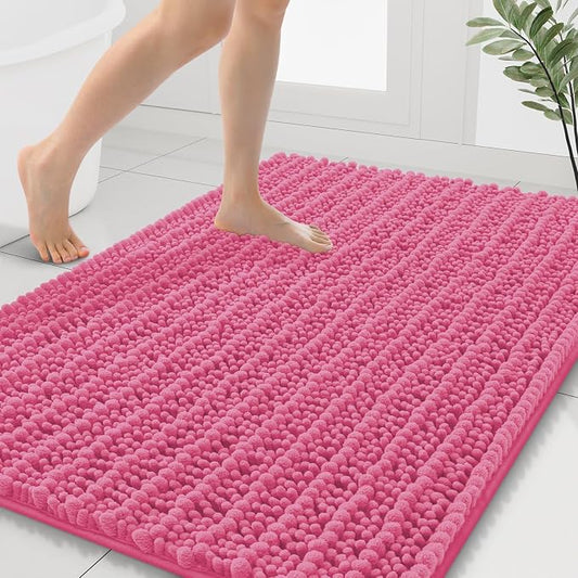 Smiry Bathroom Rugs 40X32, Extra Soft Rubber Backing Chenille Bath Mats | Hot Pink Machine Washable Non Slip Quick Dry Bath Mats for Bathroom Floor, Tub, Shower, Home Decor Accessories