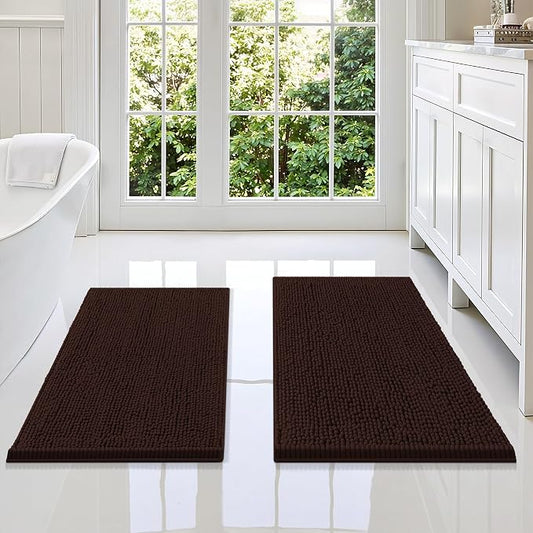 Smiry Chenille Bathroom Rugs Sets 2 Piece (34x21+30x20, Brown) | Soft Absorbent Machine Washable Non Slip Shaggy Bath Rug Set for Tub, Shower, and Floor, Home Decor