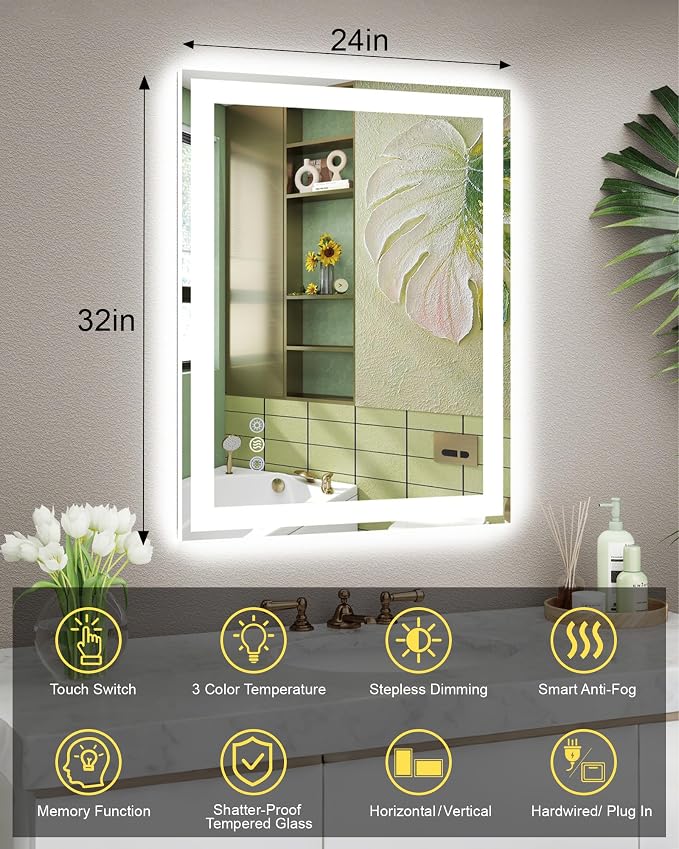 24x32 LED Bathroom Mirror, 6000LM, Separate Front and Back Lights | Shatter-Resistant Tempered Glass,Auto-Off Defogger,3 Color Modes,Smooth Dimming,Smart Memory Setting
