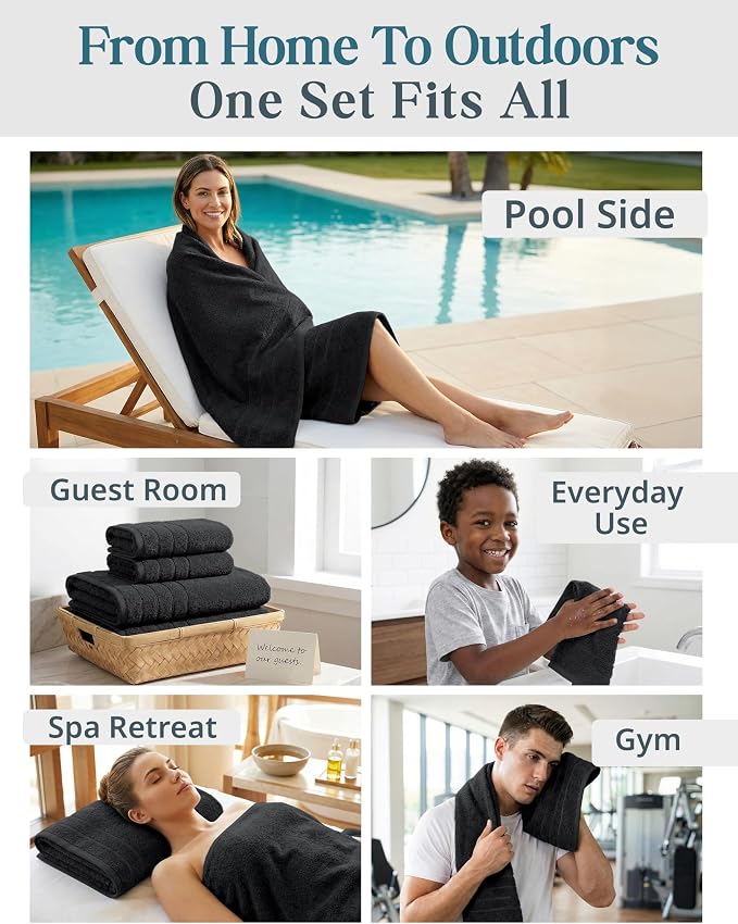 Casa Platino Towel Set for Bathroom Soft Absorbent Quick Dry - Black | Pack Of Towels - Dobby Border Accent, OEKO-TEX Certified, Ring-Spun Durability, Ring-Spun Cotton, Terry Weave Comfort